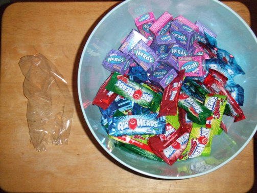 Empty cookie wrapper... Full candy bowl.