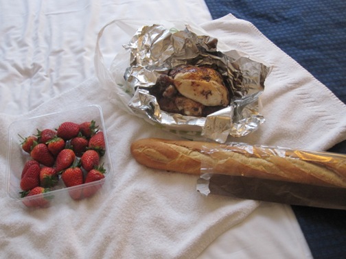 Roasted chicken, crusty bread, and strawberries.  Mmm...