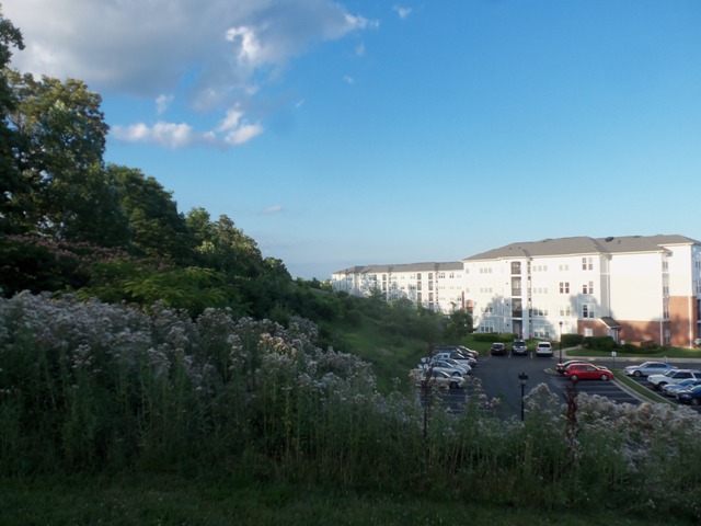 My apartment building is on the far right.  The interstate is on the other side of the hill to the left.