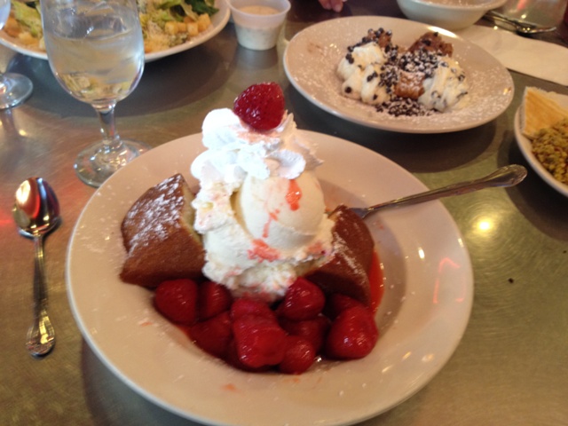 Strawberries, pound cake, and vanilla gelato.