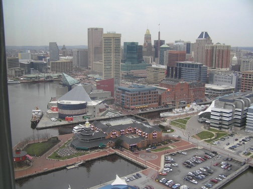 The Inner Harbor and the buildings of downtown Baltimore.